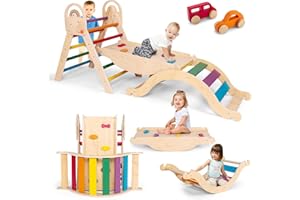 Wooden Pikler Triangle with Convertible Ramp & Detachable Arch, Montessori Indoor Climbing Frame, Sturdy Ladder & Space-Effic