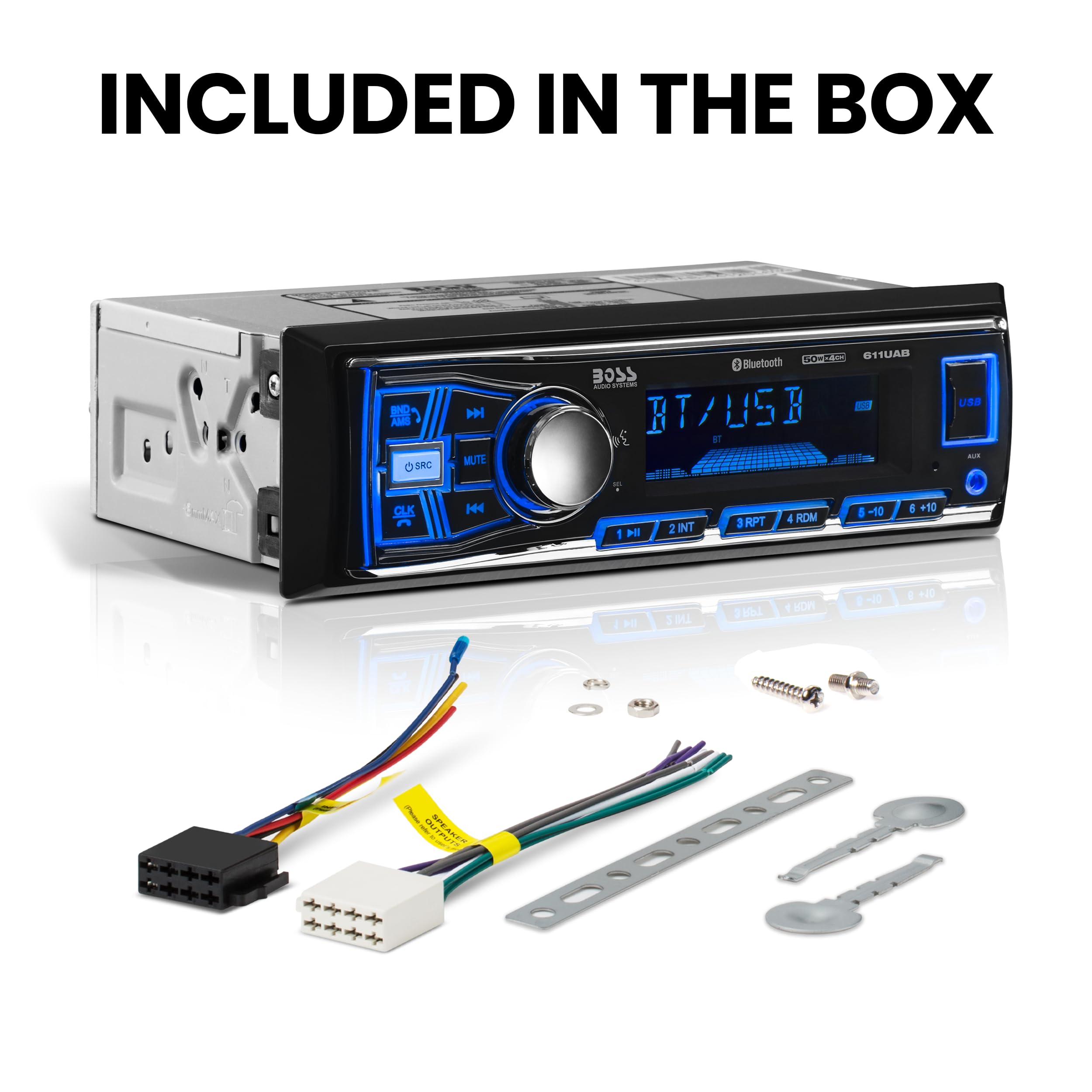 BOSS Audio Systems 611UAB Car Stereo - Single Din, Bluetooth, No CD DVD Player, AM/FM Radio Receiver, Aux Input, USB
