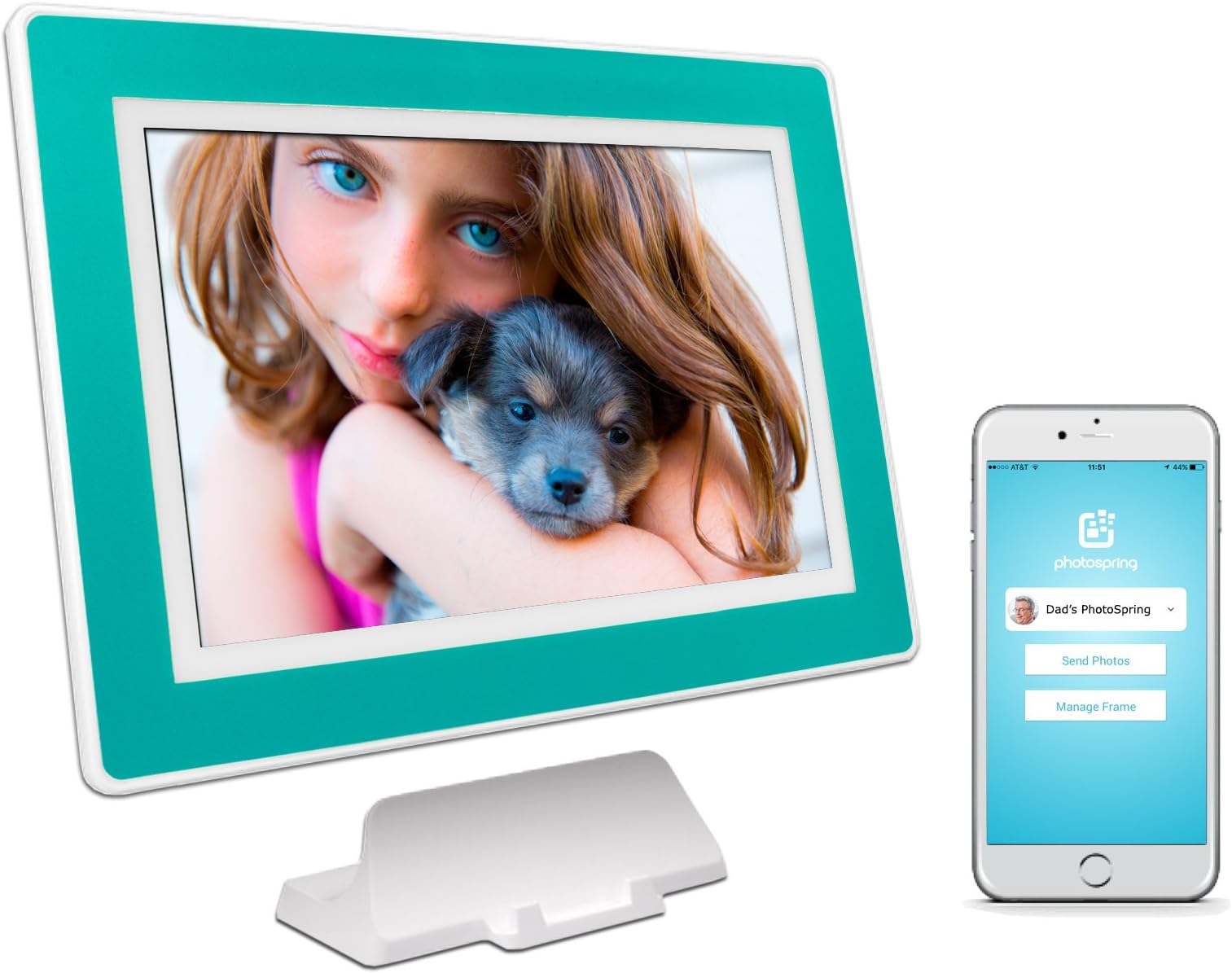 PhotoSpring (32GB) 10-inch WiFi Cloud Digital Picture Frame - Battery, Touch-Screen, Plays Video and Photo Slideshows, HD IPS Display, iPhone & Android app (White/Turquoise Mat - 32,000 Photos)