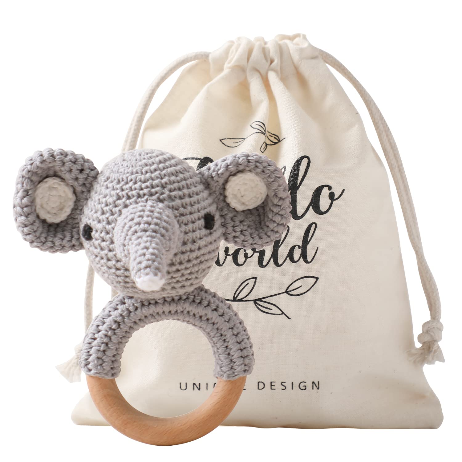 Mamimami Home Knit Baby Rattle with Wooden Teether, Baby Teething Toy Wooden Chew Toy Montessori Style Crochet Teether Ring Animal Handmade Toys for Infants, Babies