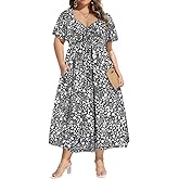 CARCOS Plus Size Dresses for Curvy Women Tie Sweetheart Neck Summer Maxi Dress Short Sleeve Empire Waist Floral Boho Dress