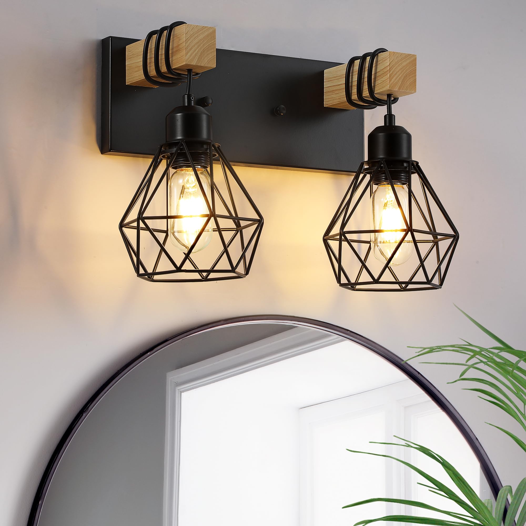 Photo 1 of Farmhouse Vanity Light for Bathroom, 2-Light Wood Bathroom Vanity Light Fixtures Over Mirror, Rustic Sconces Wall Lighting with Metal Lampshade for Living Room, Bedroom, Hallway