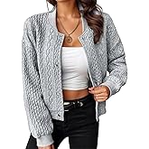 Flamingals Women's Long Sleeve Cropped Bomber Jacket Cable Knit Snap Button Front Casual Coat Outerwear