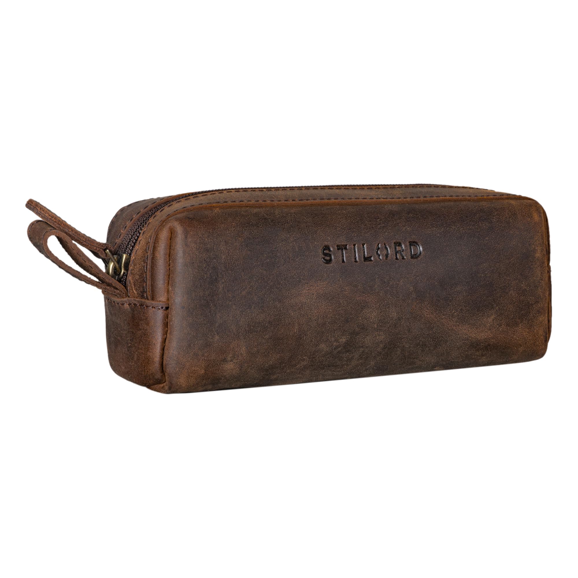 STILORD "Linus" Pencil Case Leather Pen Case Pouch Office University College Women Men Stationary Vintage Leather Colour:Zamora - Brown