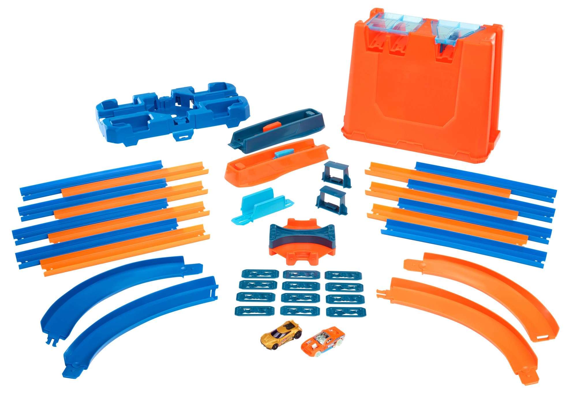 Hot Wheels Bahn Track Builder, Autorennbahn Bauset für Hot Wheels Autos, inkl. 2 Spielzeugautos, Spurwechsler, steile Kurven, Crashzone, Auto Spielzeug, Spielzeug ab 4 Jahre, GGP93 6