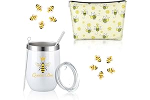 REMAGR Bee Themed Gifts Including Queen Bee Stainless Steel Wine Tumbler with Straw and Brush 10 Pcs Tiny Resin Bees Garden Embellishment Honey Bee Cosmetic Bag for Bee Lovers, Beekeepers (Classic, 12oz)