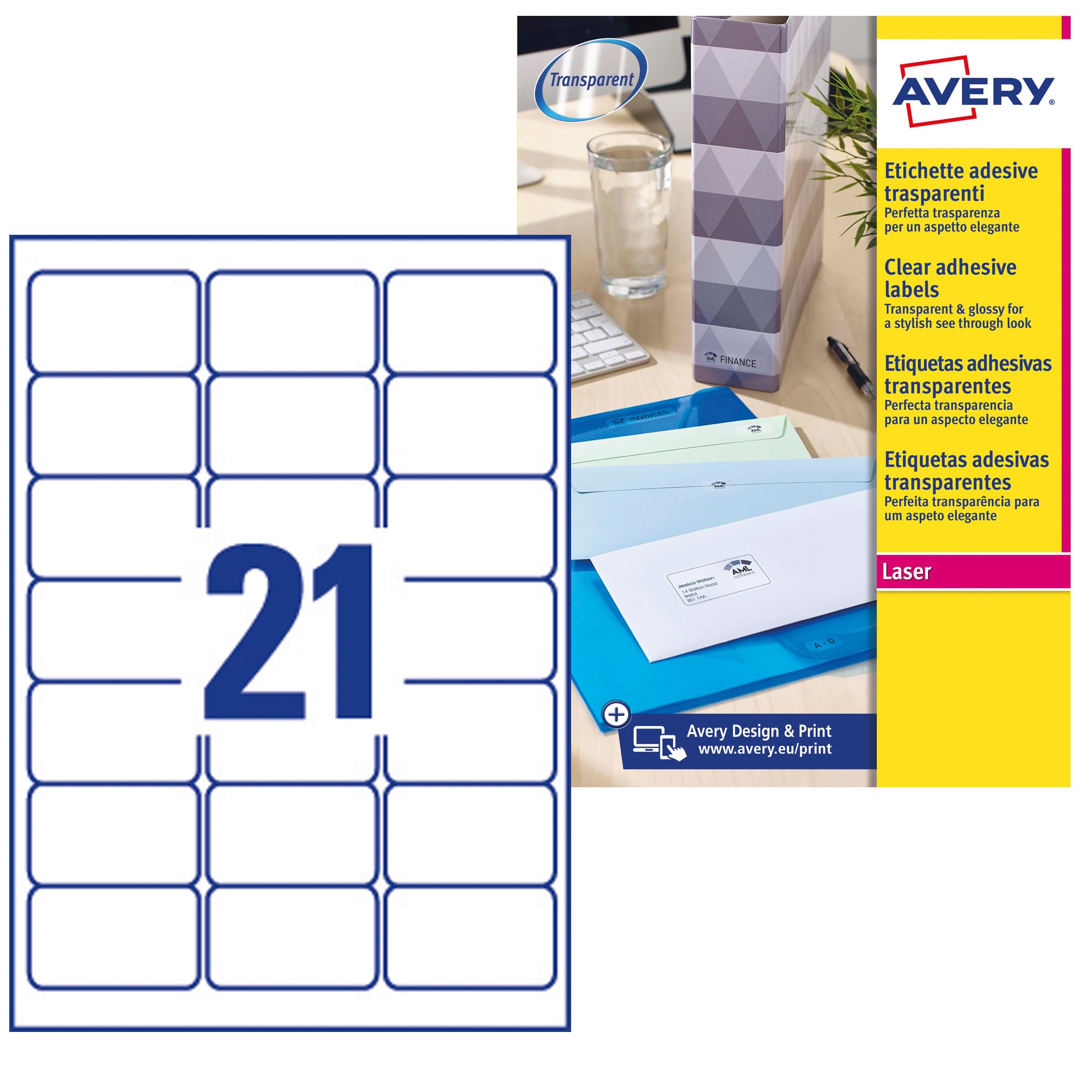 Avery Transparent, Printable, Address Labels, QuickPeel, 63.5 x 38.1 mm, Clear, 21 Labels per Sheet, 525 Blank Labels per Pack (L7560-25)