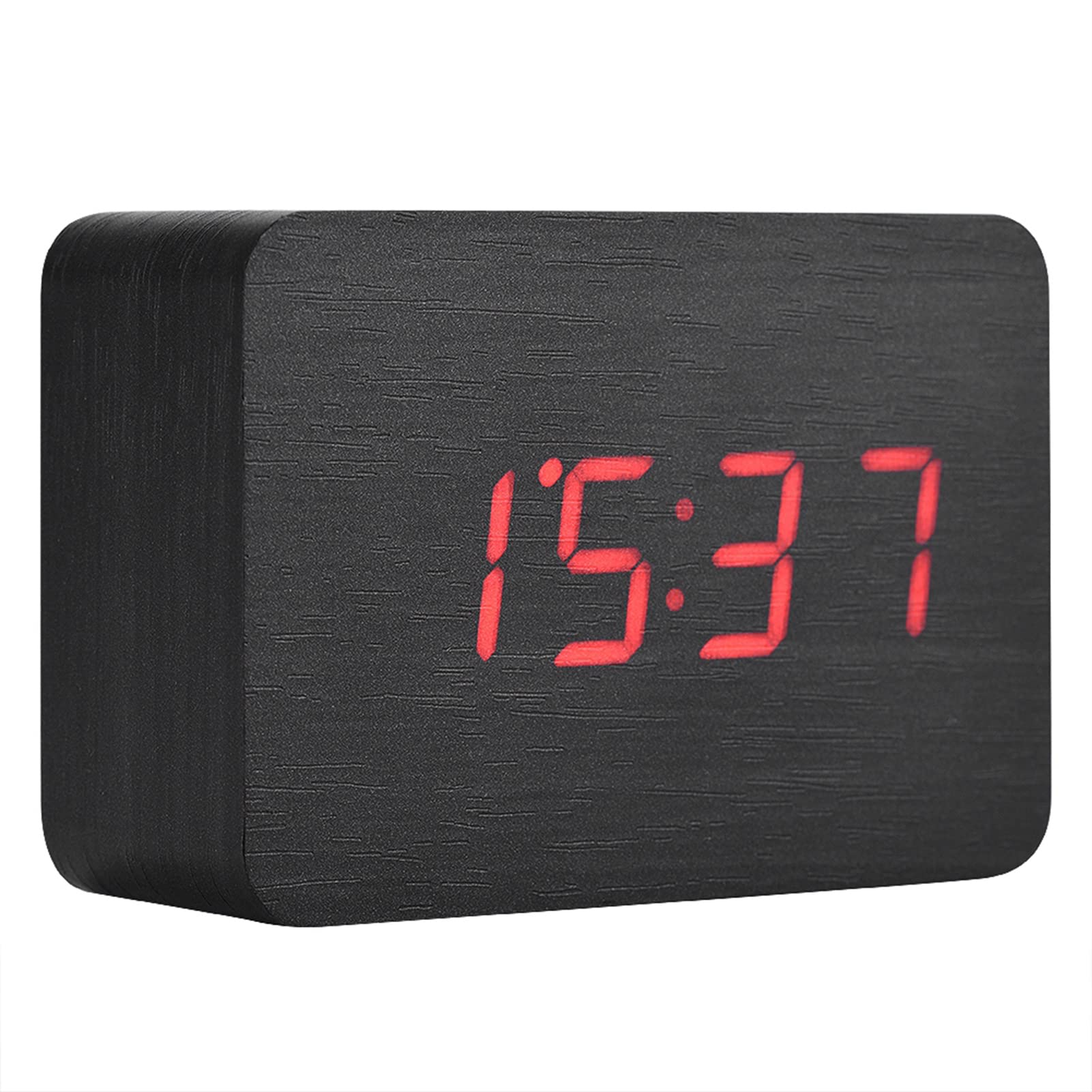 Socobeta Alarm Clock Digital Clock Wooden Electronic Clock with LED Temperature Display Bedside Clock with Sounds Control(Black wood + red light)