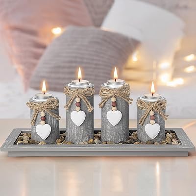 GoMaihe Candle Holder Set of 4 with Wooden Tray Gray Tealight Holders