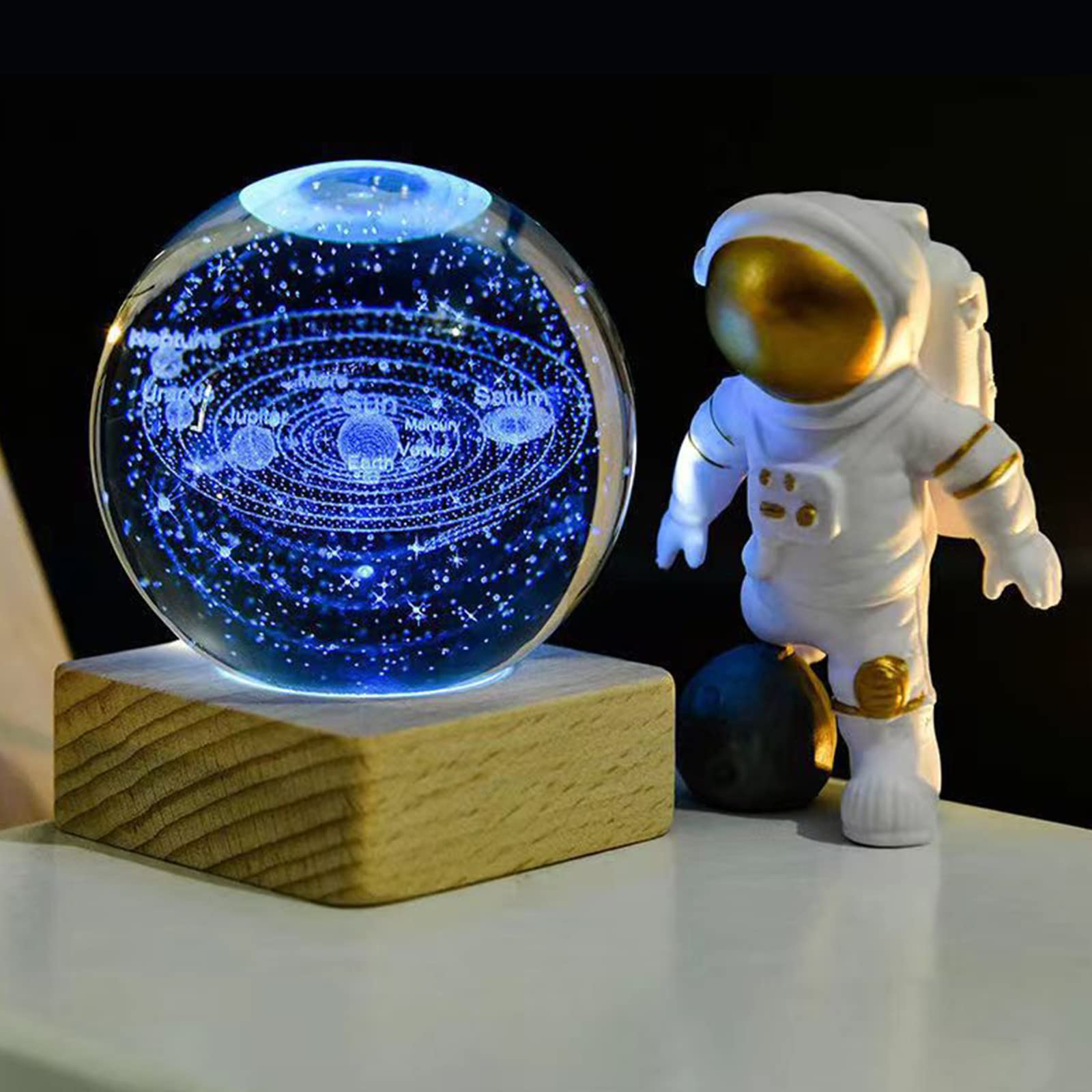 Liamostee 3D Crystal Solar System Night Light, USB LED Ball Lamp with Wooden Base, Clear Crystal, Rustic Style, Decoration for Bedroom, Living Room, Valentine's Day Gifts