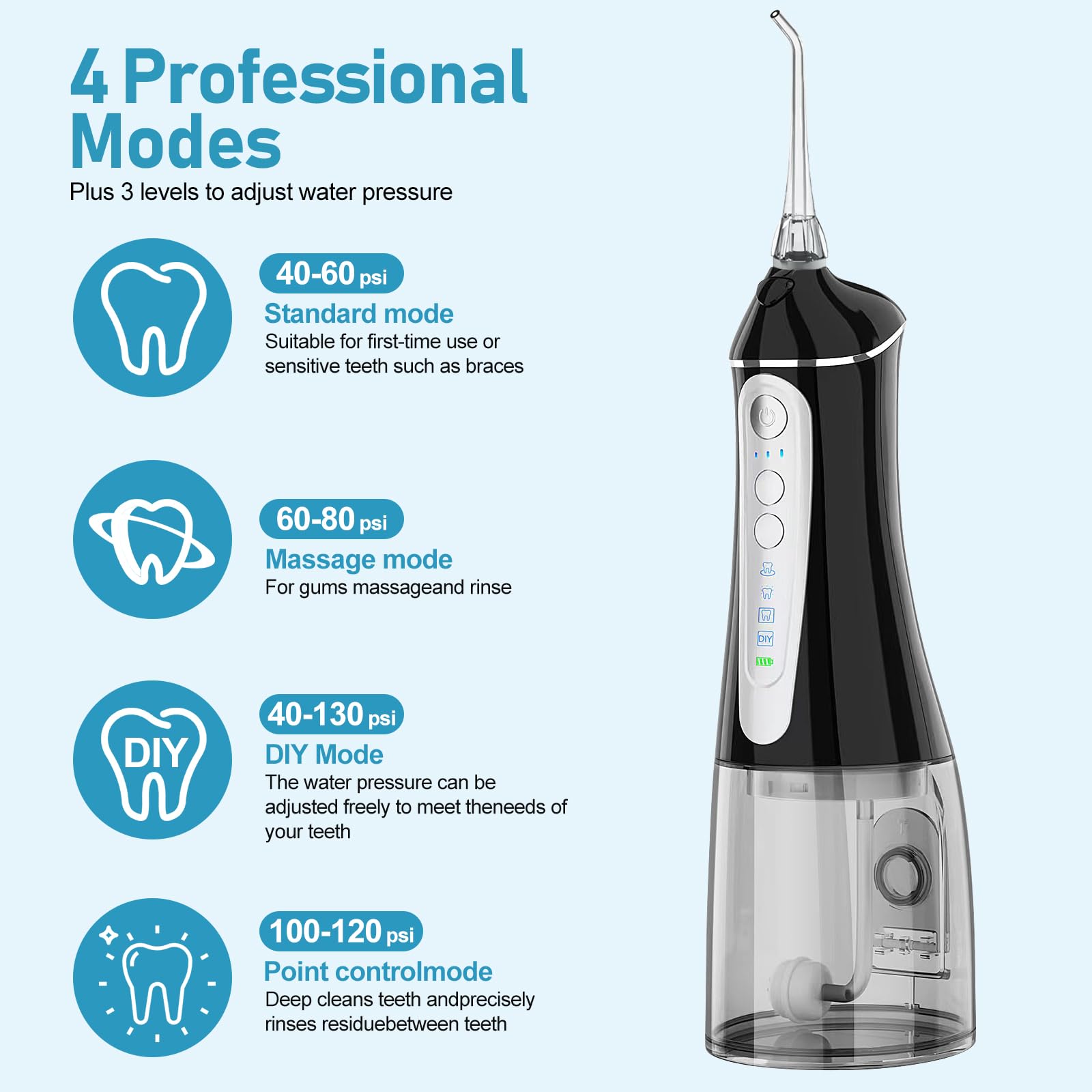 NBGRLVS Water Dental Flosser for Teeth Cleaning Cordless - 4 Modes 3 intensities Cleaner Picks，IPX7 Waterproof 320ML Oral Irrigator, Powerful Battery Rechargeable Flossing Portable for Travel Home