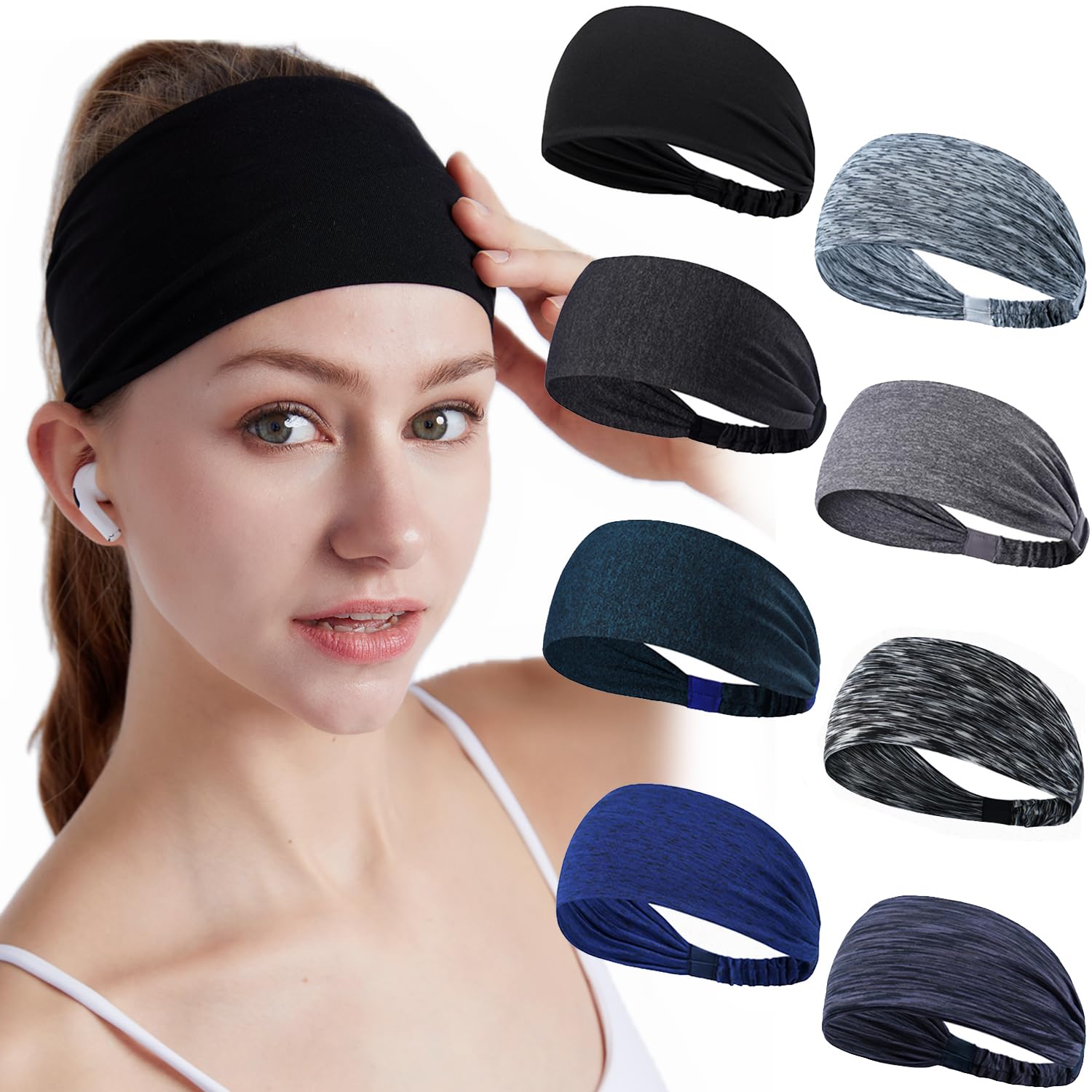 DASUTA 8 Pack Sport Headbands for women Workout Headband Sweatband for Running Sports Travel Fitness Elastic Wicking Headscarf fits All Men and Women