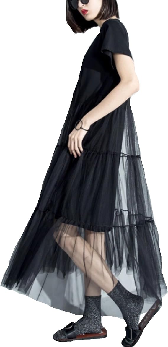 Amazon Co Jp 人気おしゃれチュールロングワンピースレディースtシャツエッジモード系大人カワイイブラック黒 服 ファッション小物