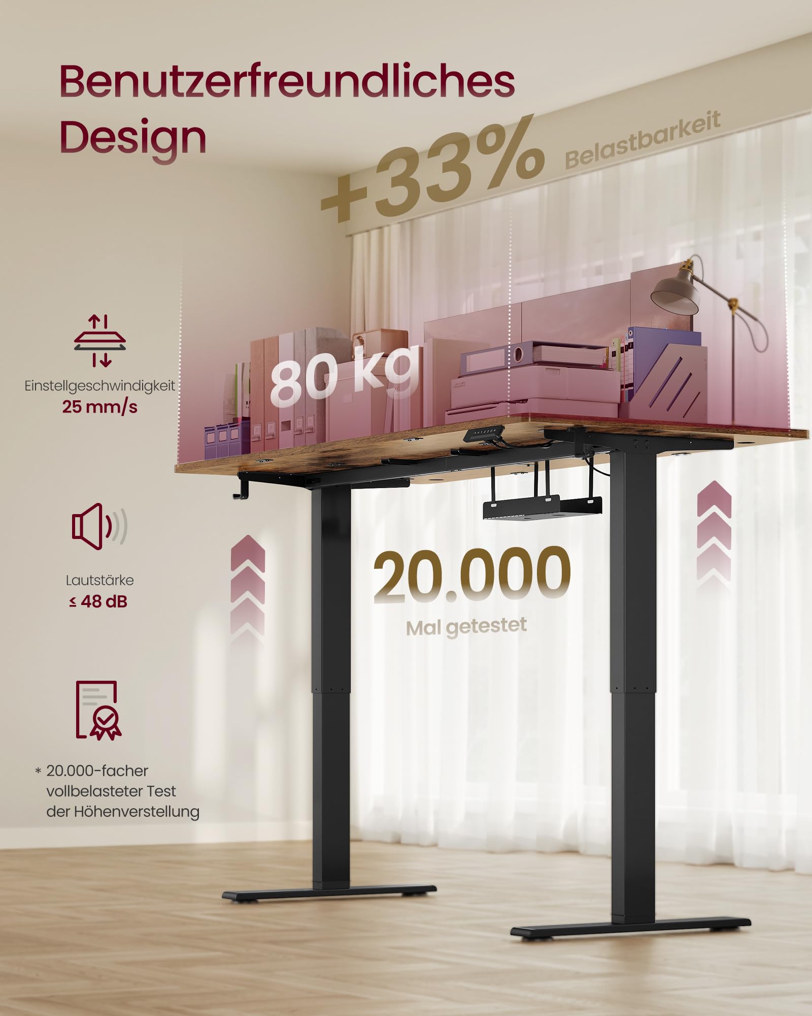 VASAGLE Höhenverstellbarer Schreibtisch, 180 x 80 cm, USB-C-Anschluss, Ablage für Steckdosenleiste, Stehtisch, Erinnerung bei langem Sitzen, 3 Speichertasten, für Büro, vintagebraun LSD148KD02 7