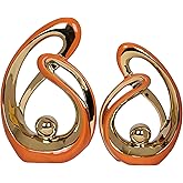 2 PCS Orange Decor Accent Ceramic Statue Orange Gold Mid Century Modern Home Decor Accents Sculpture Decorations Centerpieces for Living Room Bookshelf Shelf Coffee Table Kitchen Office Dining Table