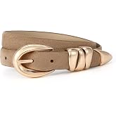 Earnda Thin Belt for Women Jeans Dresses Triple Metal Keeper Buckle | 0.9 in Wide, Edge-stitched Faux Leather Skinny Belt Strap, Stylish Elegant Apparel Accessory, Adjustable Fit