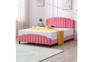 GENERIC Zafly Kids Full Size Bed Frame with Headboard and Footboard, Children Bedroom Bed Frame, Upholstered Bed Platform with Slat Support, No Box Spring Needed, Wooden Pink Bed Frame for Girls-Princess Full
