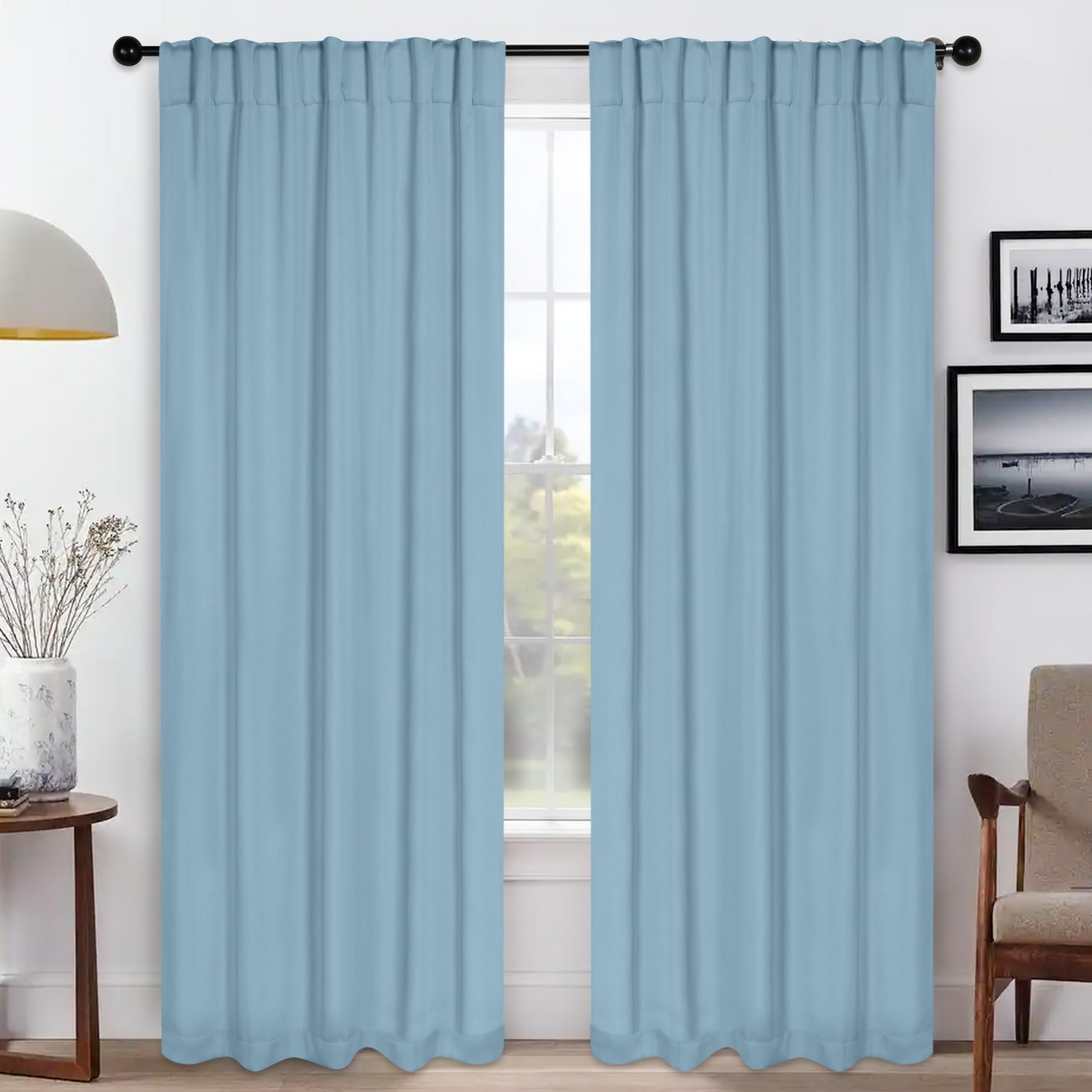 Superior Blackout Curtains, Room Darkening, Bedroom, Drapes, Kitchen, Living Room Window Accents, Sun Blocking, Thermal, 2 Pack, Solid Blackout Back Tab Curtains, Set of 2, 52″ x 72″, Light Blue