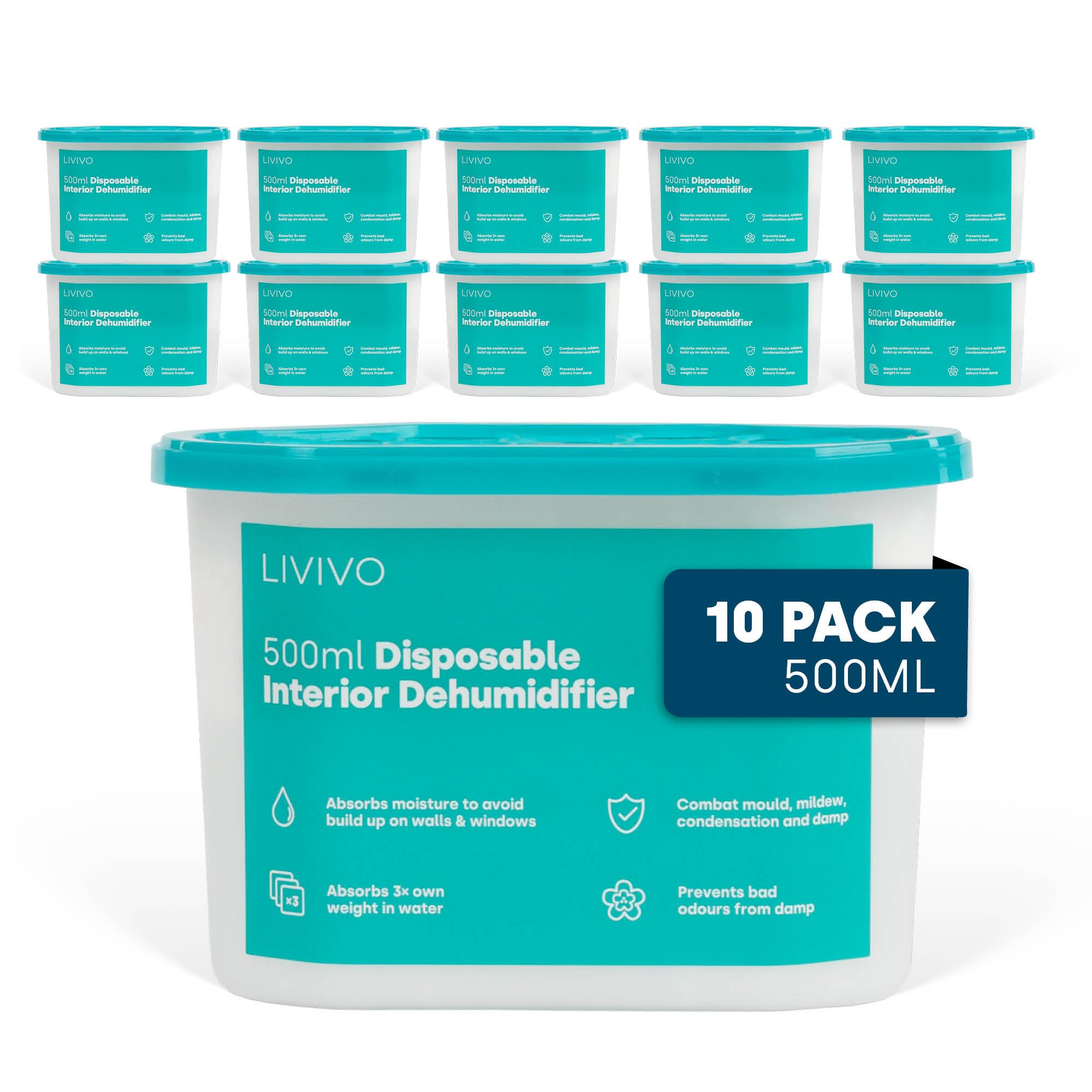 LIVIVO Dehumidifiers Disposable 500ml - 10-Pack Disposable Dehumidifiers for Home - Condensation Absorbers for Windows, Moisture Absorber, Mould Damp Trap, Interior Dehumidifier for Wardrobe, Bathroom
