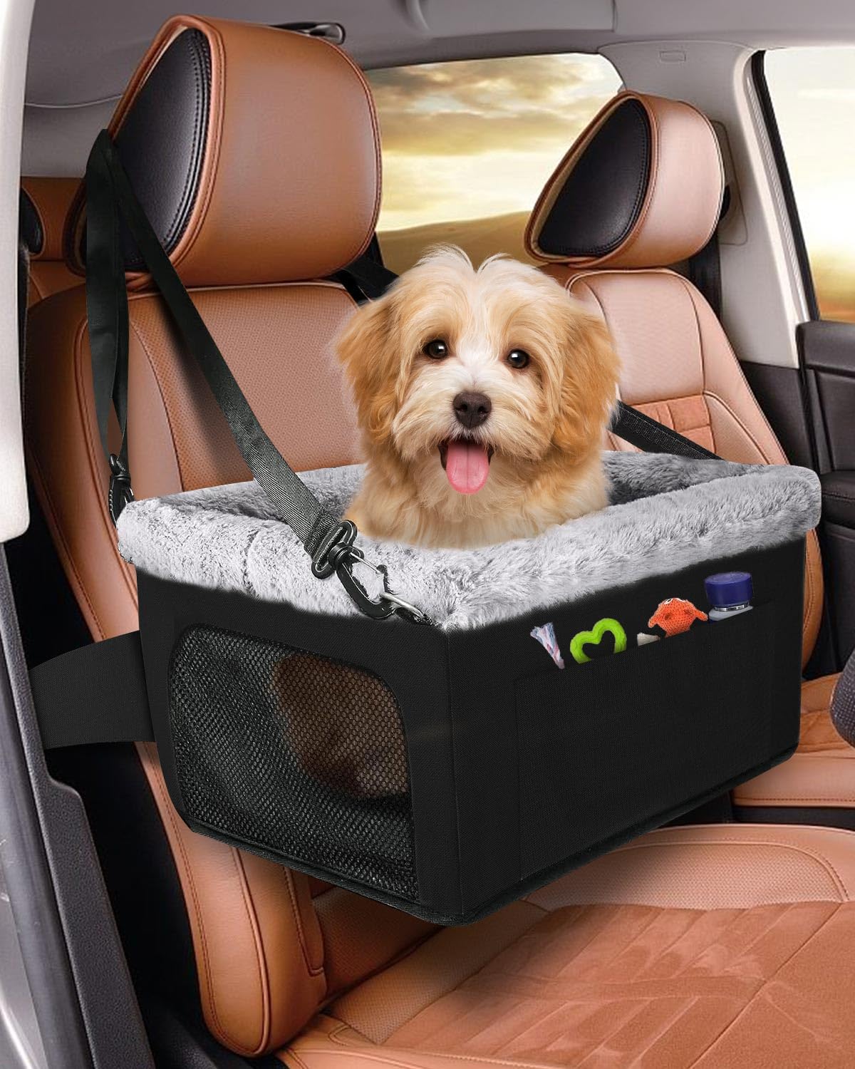Photo 1 of Dog Car Seat for Small Dogs, Detachable and Washable Dog Car seats Small Under 20lb, Upgraded Console Dog Booster Seat with Metal Frame, Pet Car Seat with Storage Pockets and Safety Leash