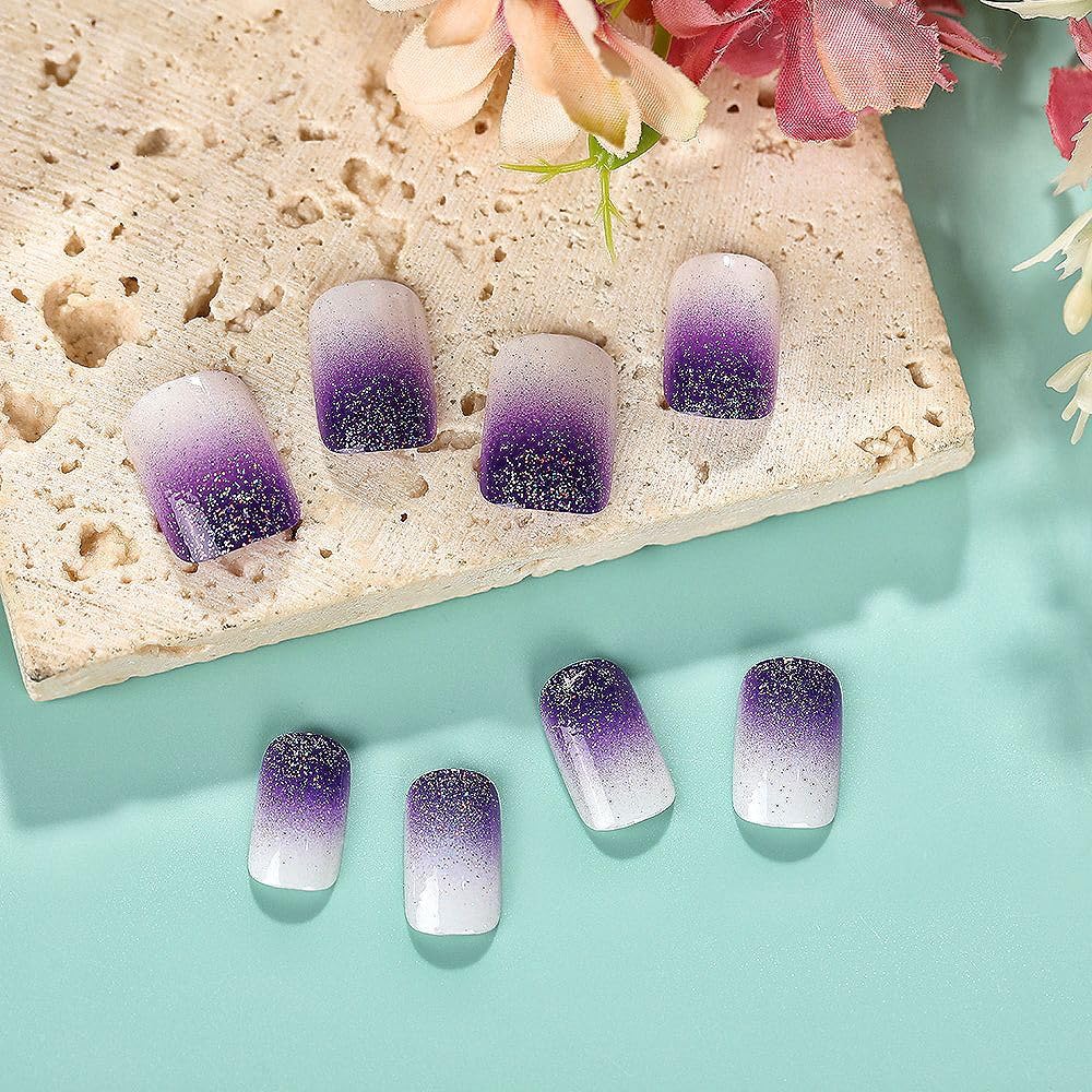 Rilafuvu Square Press on Nails Short Fake Nails Purple Gradient Glue on Nails Glitter Acrylic Nails Glossy False Nails Press on Nails for Women and Girls 24Pcs - Image 4