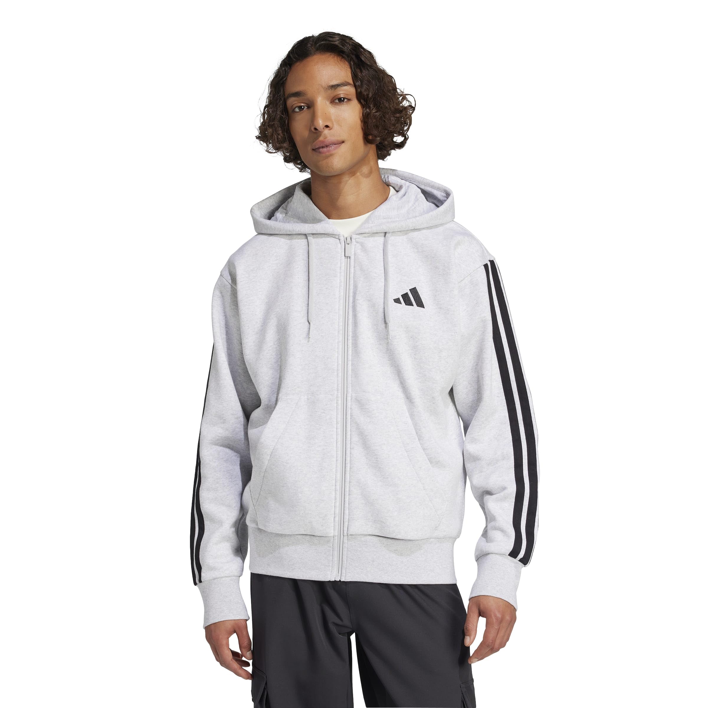 adidas Men’s Essentials 3-Stripes Fleece Full-Zip Hooded Track Top, Light Grey Heather/Black, XX-Large