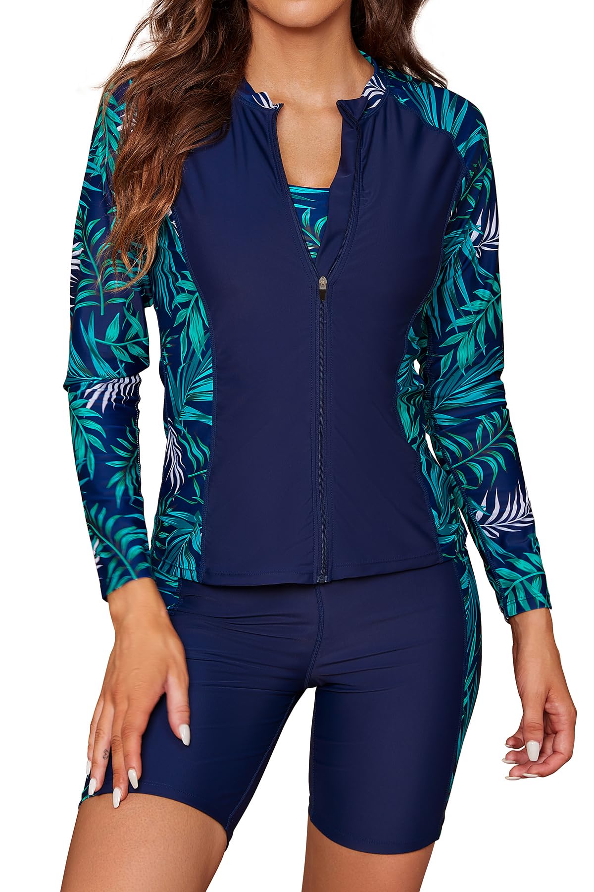 Photo 1 of SHEKINI Women's 3 Piece Rash Guard Long Sleeve Swimsuits Zip Bathing Suits with Pants UPF 50+ Shirt