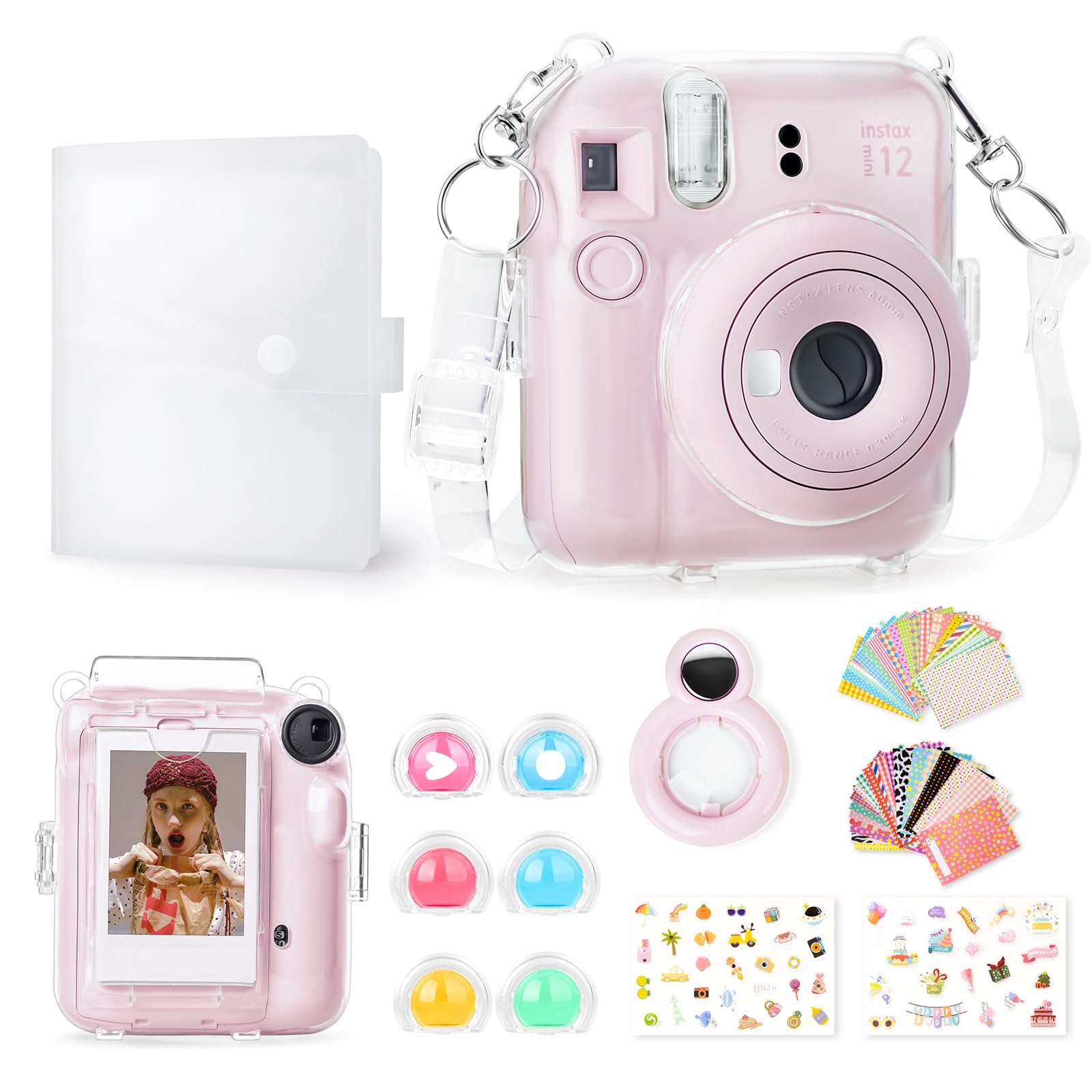 Rieibi Accessories for Fujifilm Instax Mini 12, Gift Bundle Includes Clear Instax Mini 12 Case with Strap, Mini Photo Album, Selfie Mirror, DIY Stickers, Color Filter (No Camera) - Pink