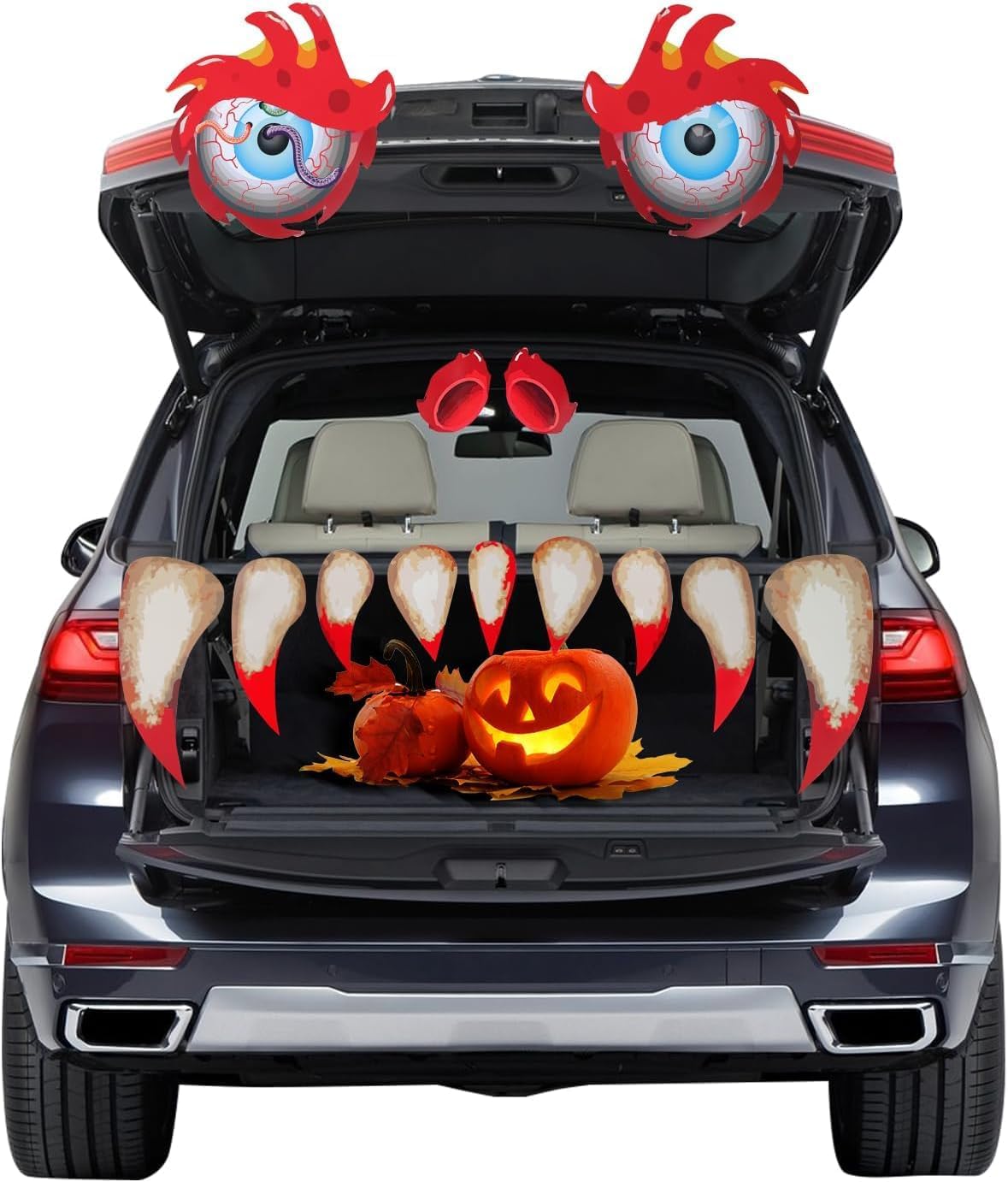 Garage Door Decorations - LACE INN Halloween Trunk Or Treat Car Archway Garage Decoration Kit, Monster with Scary Fangs Large Eyes,Face Sticker Halloween Decorations for Outdoor, Indoor, Car Decor Etc (Red)