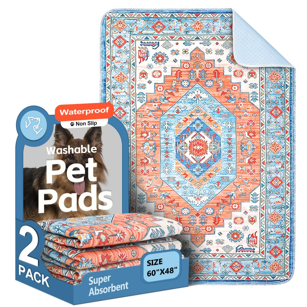 Washable Pee Pads for Dogs 2 Pack Reusable Puppy Training Pads 60"x48" Super Absorbent Waterproof Dog Training Pads, Non-Slip Potty Pads Whelping Pads Litter Mat Pet Supplies - Orange/Mix Image