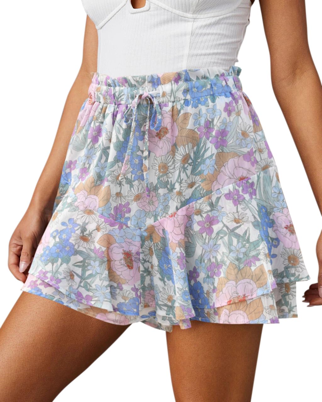 Photo 1 of Aoudery Flowy Shorts for Women Casual Boho Floral Skorts Ruffle Mini Skirts Running Tennis Butterfly Chiffon Shorts- Floral Pink XXL