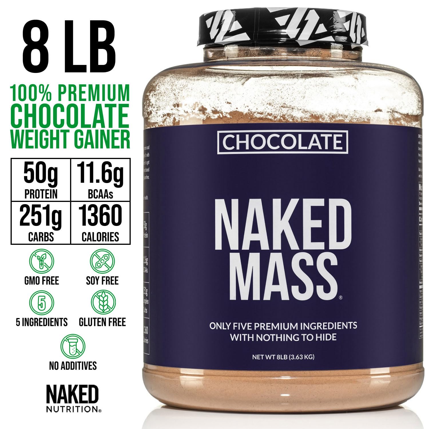 NAKED Chocolate Mass Gainer - All Natural Weight Gainer Protein Powder - 8lb Bulk, GMO Free, Gluten Free & Soy Free. No Artificial Ingredients - 1,360 Calories