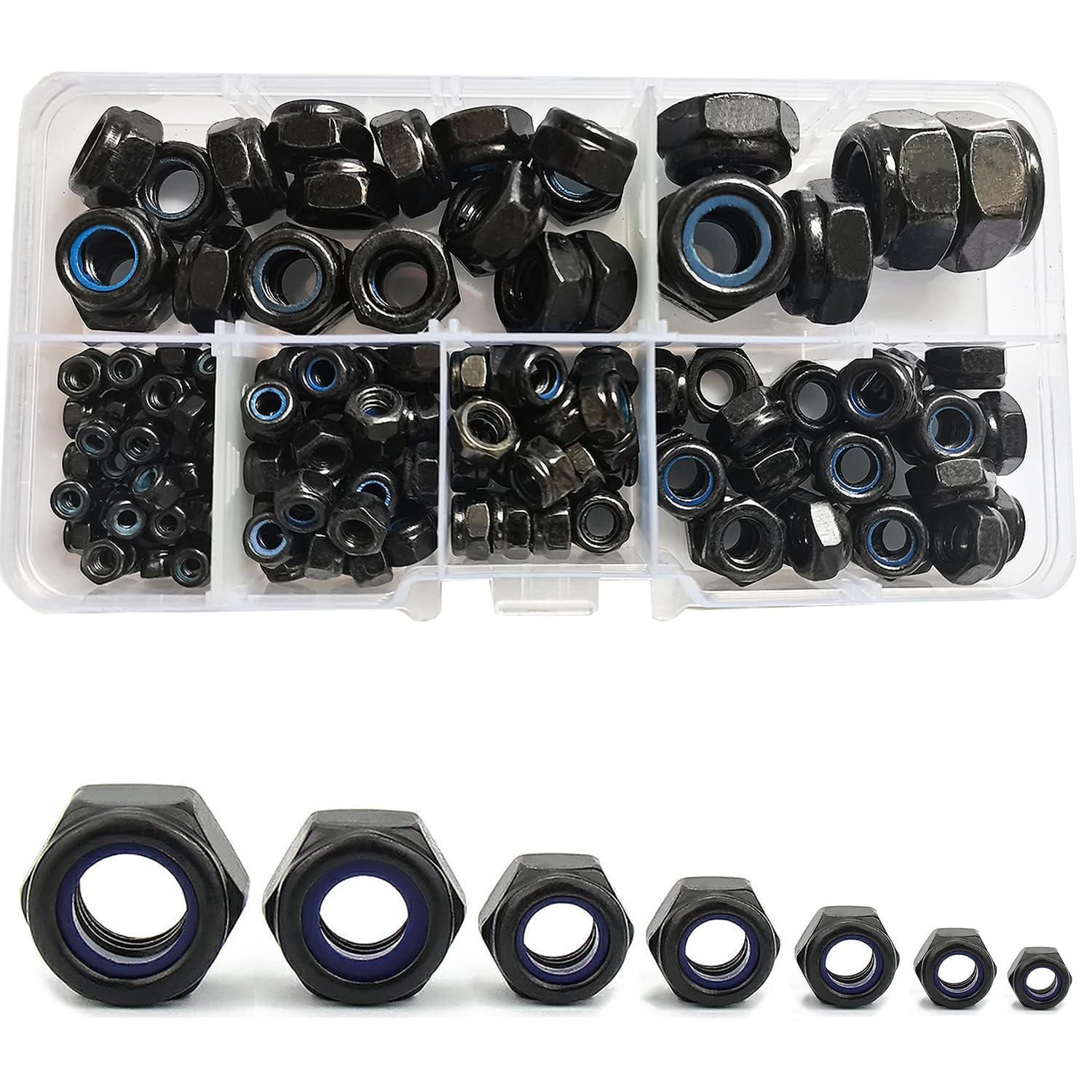 150 Pcs Black M12/M10/M8/M6/M5/M4/M3 Hex Lock Nuts Carbon Steel Nylon Insert Locknut Assortment Threaded Inserts Hex Nut Set Assorted Nylon Locking Nuts(Black)