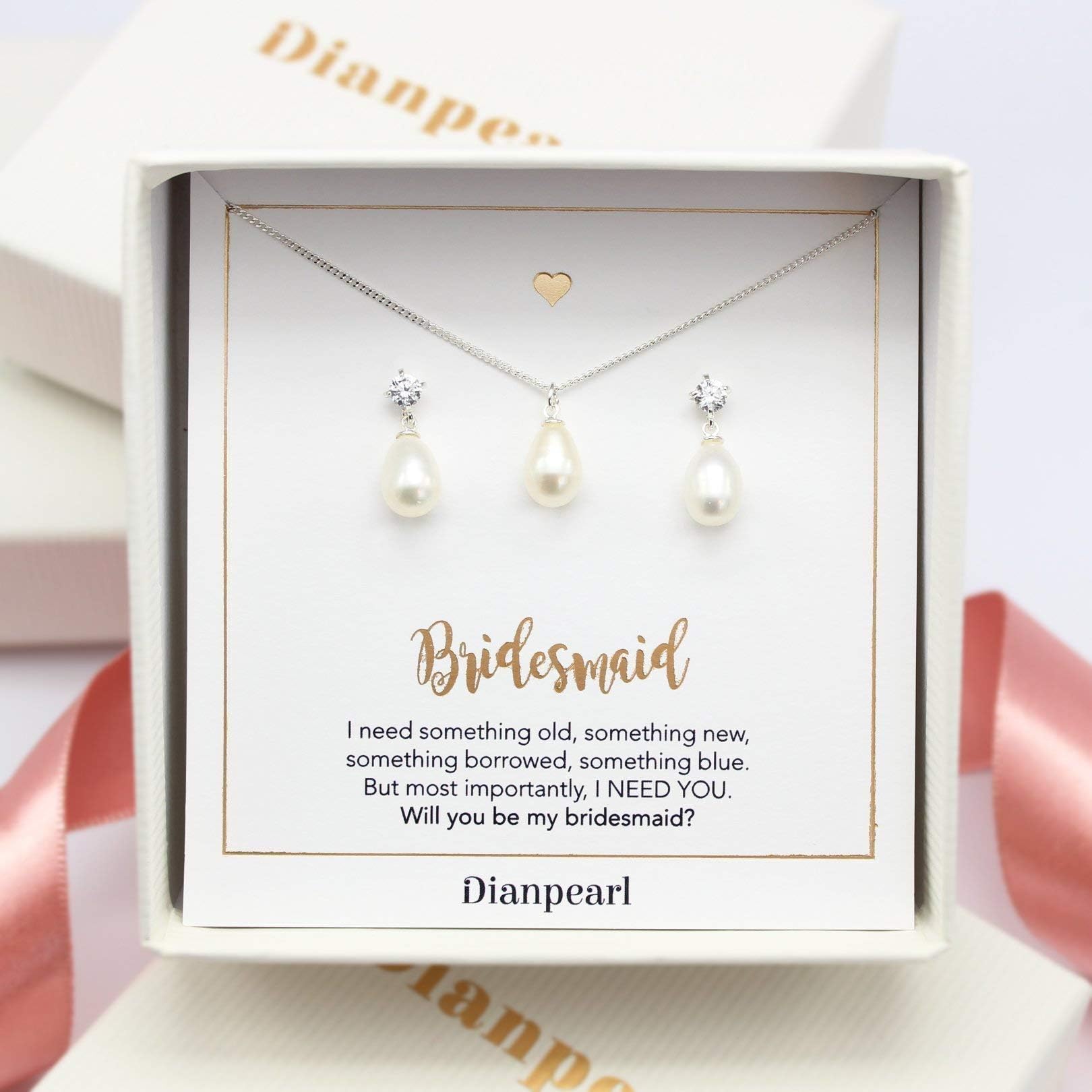 Silver freshwater pearl jewelry set,Bridesmaid gifts personalized, will you be my bridesmaid card, jewelry box, freshwater pearl, sinlge pearl jewelry set, set of, New box