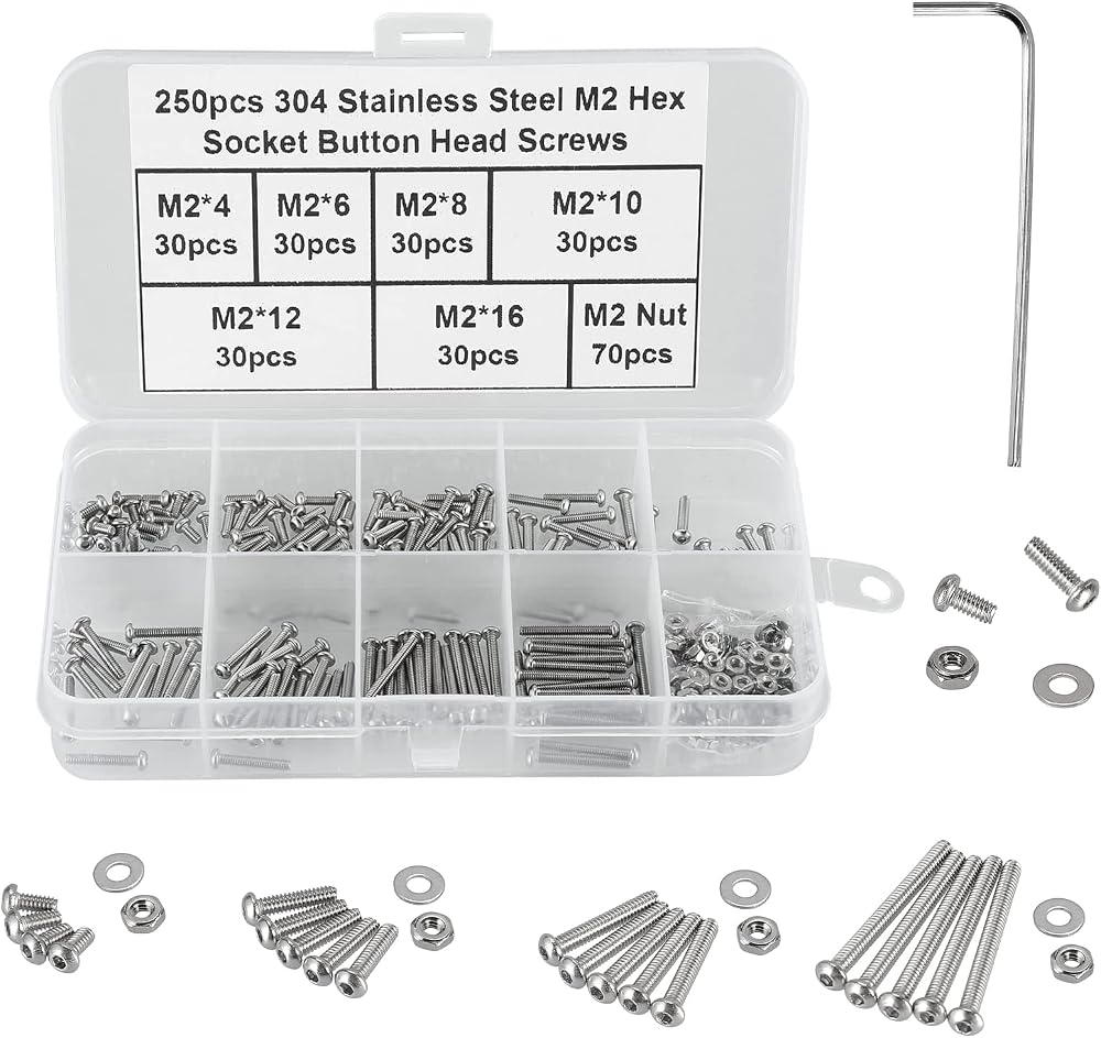 FandWay M2 Bolts Nuts Set 250Pcs 304 Stainless Steel Button Head Machine Screws