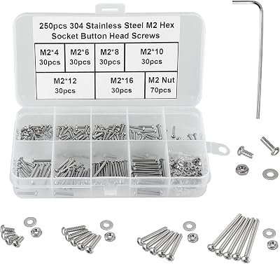 FandWay M2 Bolts Nuts Set 250Pcs 304 Stainless Steel Button Head Machine Screws