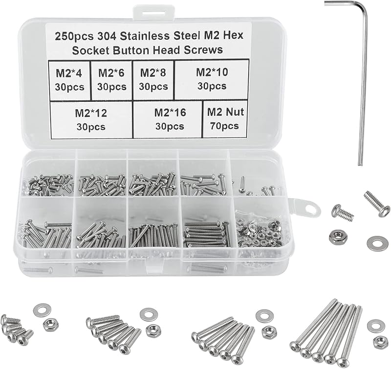 FandWay M2 Bolts Nuts Set 250Pcs 304 Stainless Steel Button Head Machine Screws