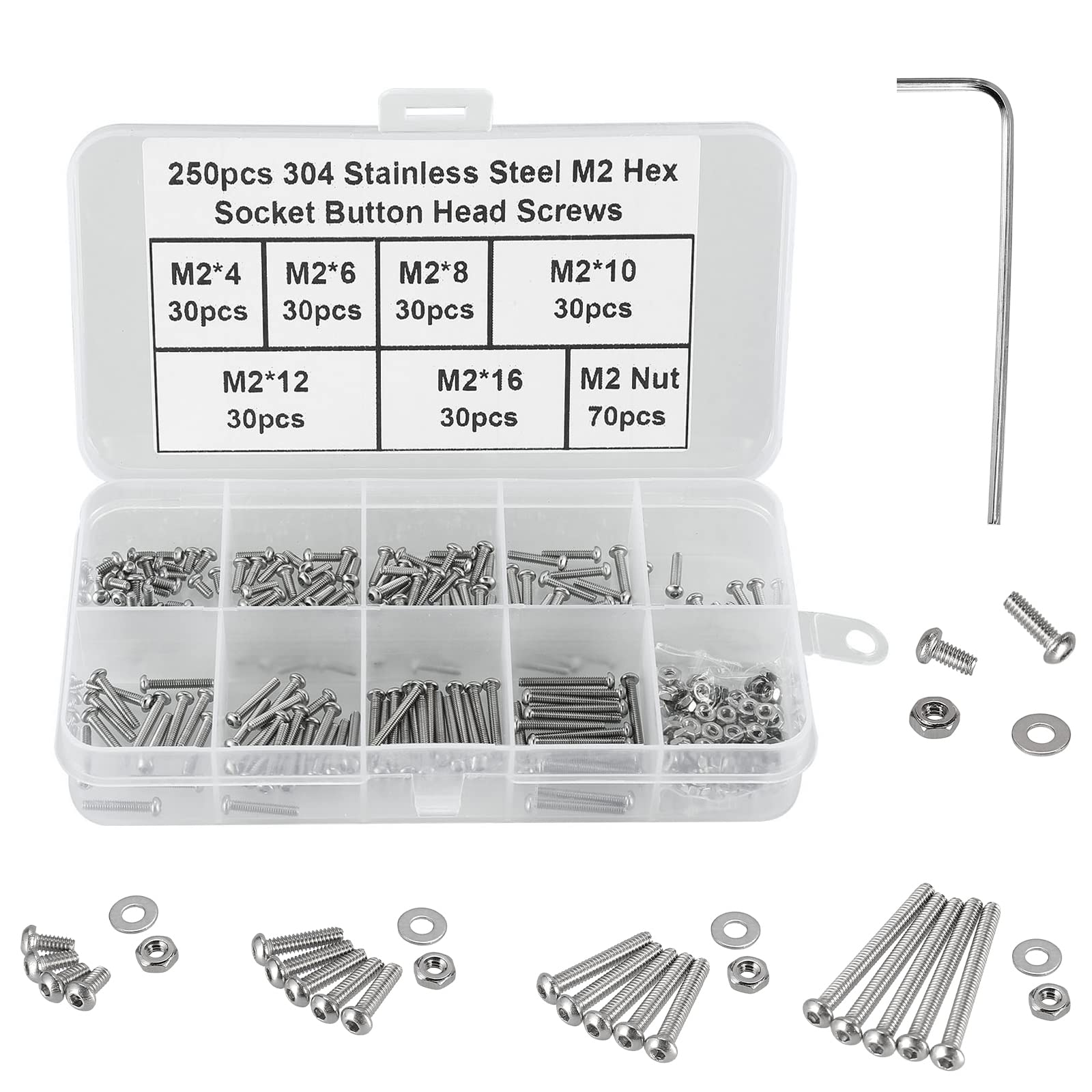 FandWay 250Pcs M2 Bolts and Nuts Set,Button Head Machine Screws ISO 7380 Allen Screws, 304 Stainless Steel Hex Bolts and Washers Set Fully Threaded With 1 Allen Keys. — image 1