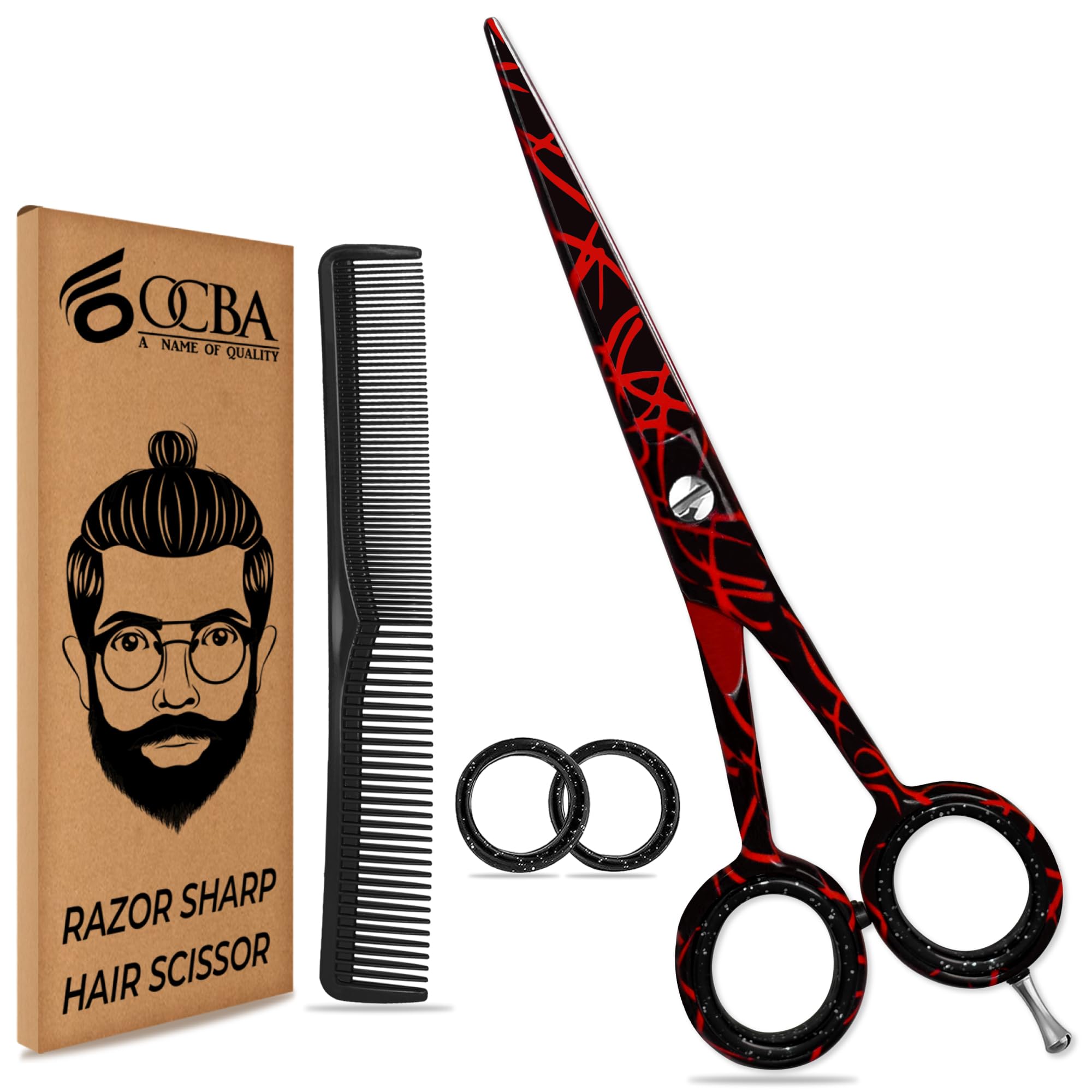 OCBA Professional 6" Hairdressing Scissor Sharp Hair Cutting Scissors for Barbers Hairdressers & Stylists Beard & Haircut Scissors for Men & Women (Black Fire)