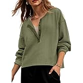 Fisoew Womens Cropped Sweatshirt Casual Waffle Knit Button V Neck Long Sleeve Loose Fit Fall Crop Tops