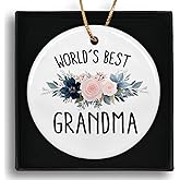 Dimurela Grandma Gifts Ceramic Ornaments,World's Best Grandma Gifts for Thank You Christmas Tree Holiday Mother's Day, Floral Flower Hanging Ornament Keepsake Decorations Decor 3in