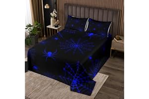 Manfei Spider Web Bedspread King Size, Blue Spider Web Print Coverlet Set for Kids Boy Girls Bedroom Decor, Halloween Theme Q