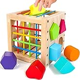 HELLOWOOD Montessori Toys for 1+ Year Old, Wooden Sorter Cube with 8pcs Rattling Shapes, Developmental Learning Toy Gifts for