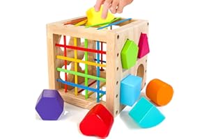 HELLOWOOD Montessori Toys for 1+ Year Old, Wooden Sorter Cube with 8pcs Rattling Shapes, Developmental Learning Toy Gifts for Baby Toddler Boys Girls, Gift Packaging