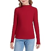 Hvididan Girls Long Sleeve Shirts Casual Mock Neck Lettuce Trim Ribbed Knit Slim Fit Tops Tee