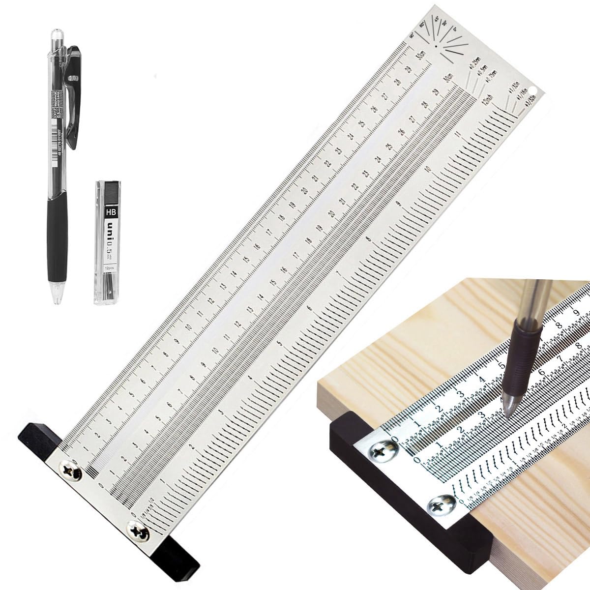 Xemnys T Square Scribing Ruler Ultra Precision Stainless Steel Woodworking Marking Ruler with Holes，Carpenters Square Scribing Positioning Draft Measuring Tools for Carpenter Engineer,300mm