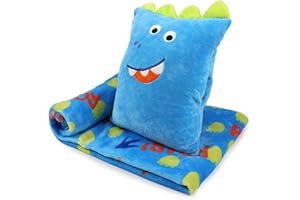 VigorSpring 3 in 1 Kids Travel Pillow and Blanket Set - 40x60in, Plush Pillow with Hand Warmer, Dinosaur Pillow Blanket for Boys Birthday Christmas Party Favors and Travel Essential