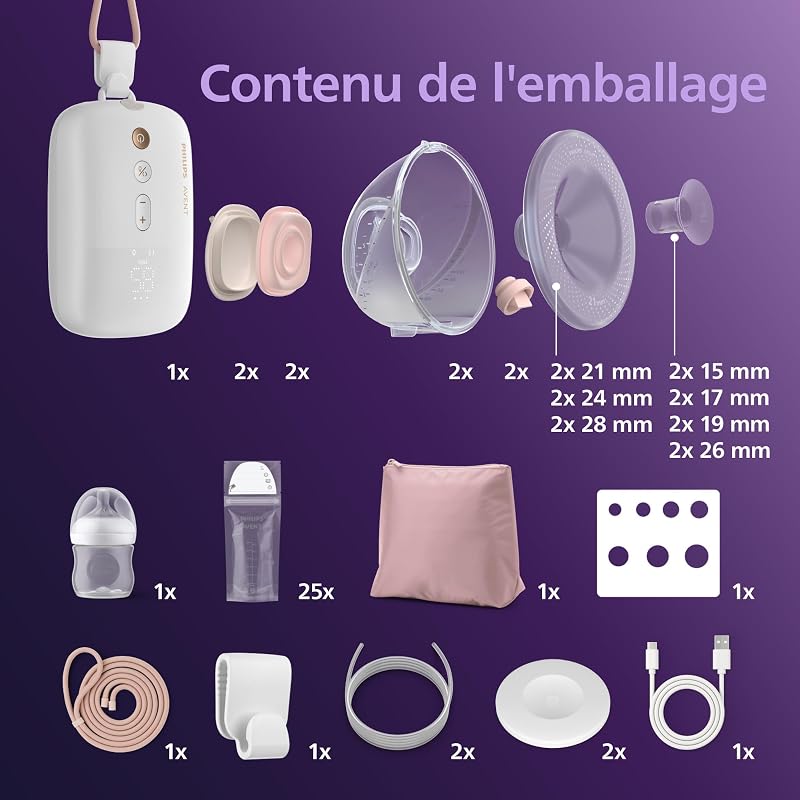 Avent - Kit de tire-lait électrique mains libres, moteur de qualité hospitalière, imite le rythme de succion de bébé, jusqu'à 85 aspirations par min, 6 téterelles et 8 inserts, SCD553/11