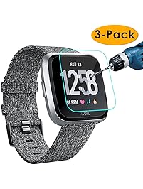 KIMILAR [3-Pack] Screen Protector Compatible Fitbit Versa Smartwatch, Waterproof Tempered Glass Screen Protector [9H Hardness] [Crystal Clear] [Scratch Resist] [No-Bubble]