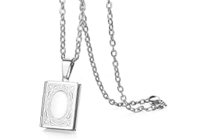 Stainless Steel Living Memory Book Locket Pendant Necklace for Mens Womens, Classic Pattern,Silver,Gold Tone